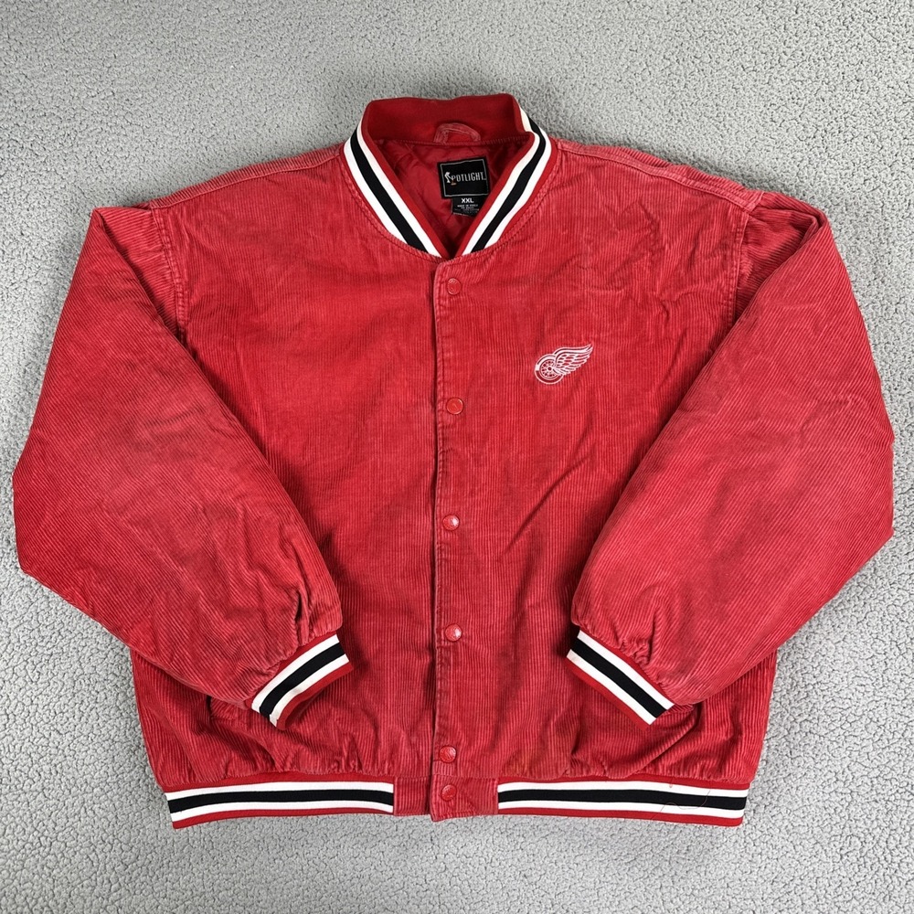 VTG 90s Spotlight Detroit Red Wings Corduroy Varsity Jacket 2XL Red Spellout